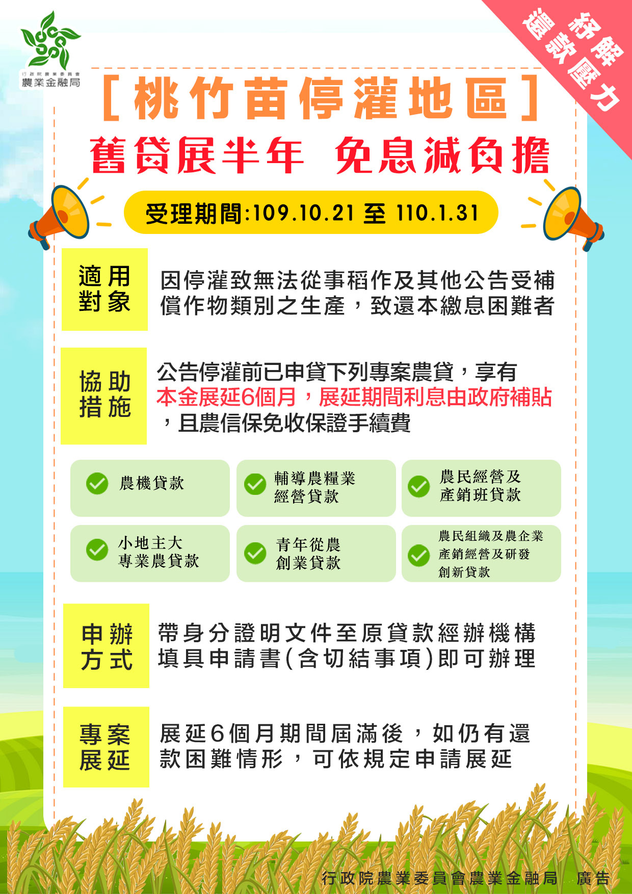 對停灌區農業經營者提供農貸協助措施，減輕還款壓力