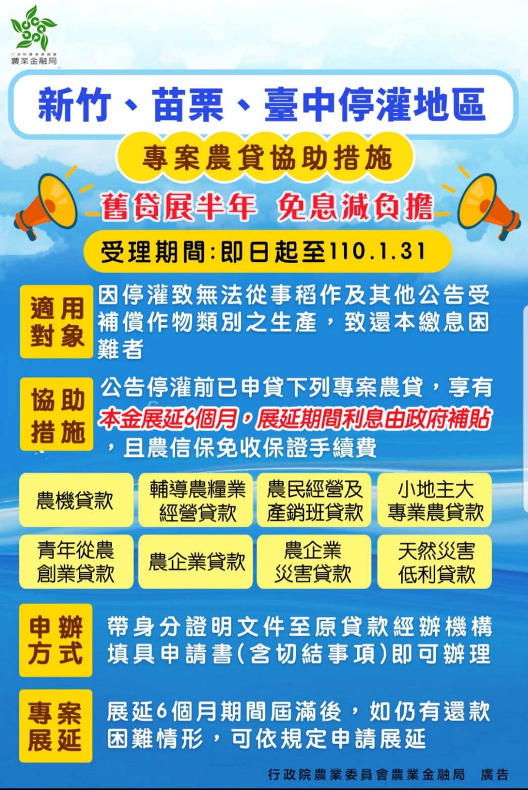 對停灌區農業經營者提供農貸協助措施，減輕還款壓力